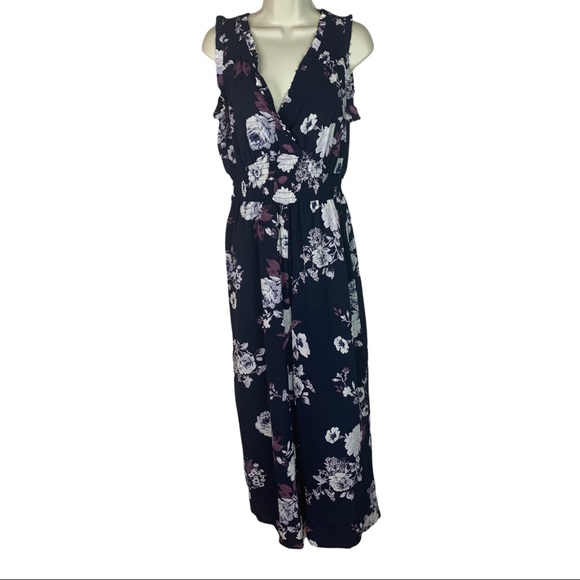 Xhileration Navy Blue Floral Romper Jumpsuit - Picture 1 of 11